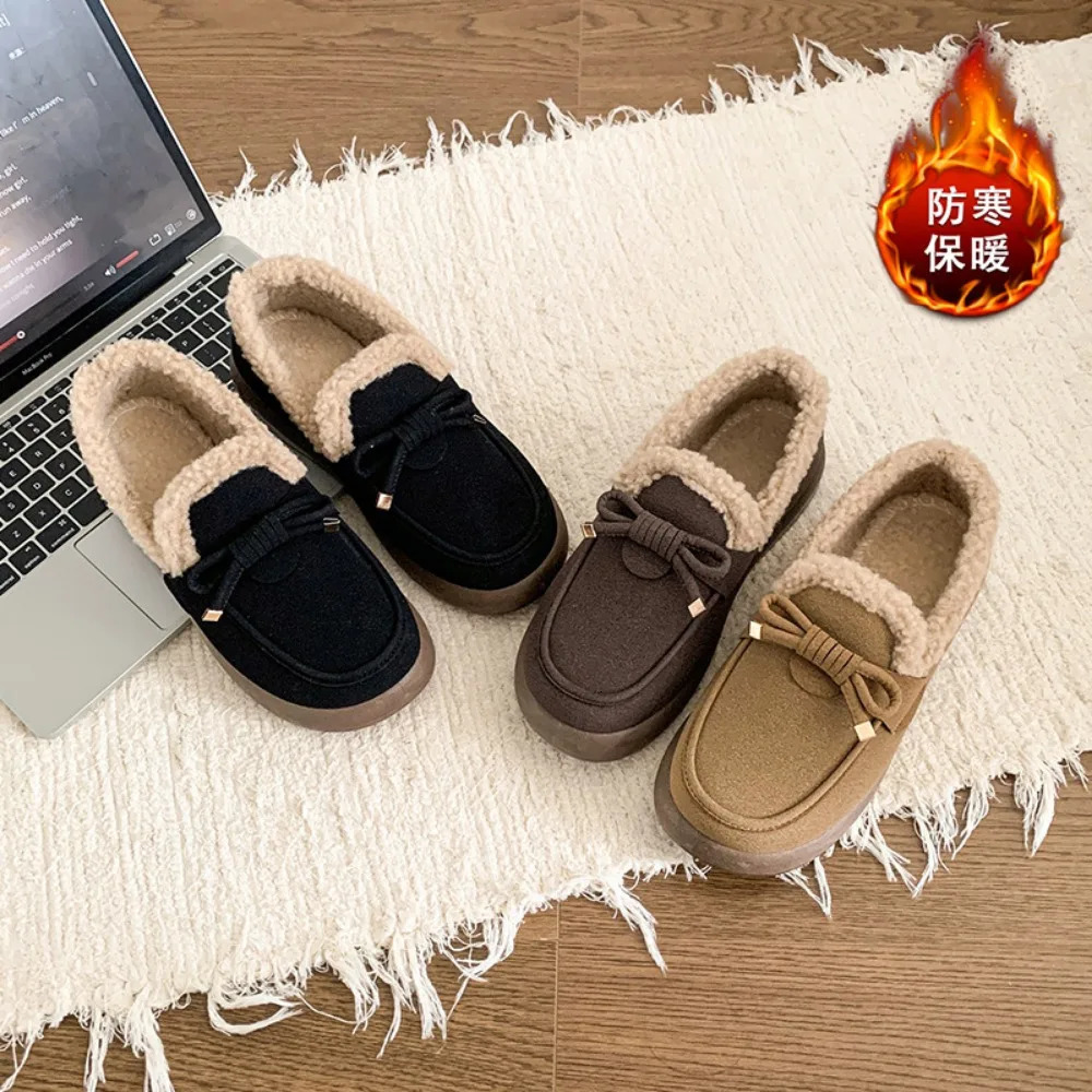 Women Winter Casual Shoes Moccasins Soft Flat Nonslip Loafers Fashion Comfort Warm Plush Bow Slip on Female Cotton Shoes 251013