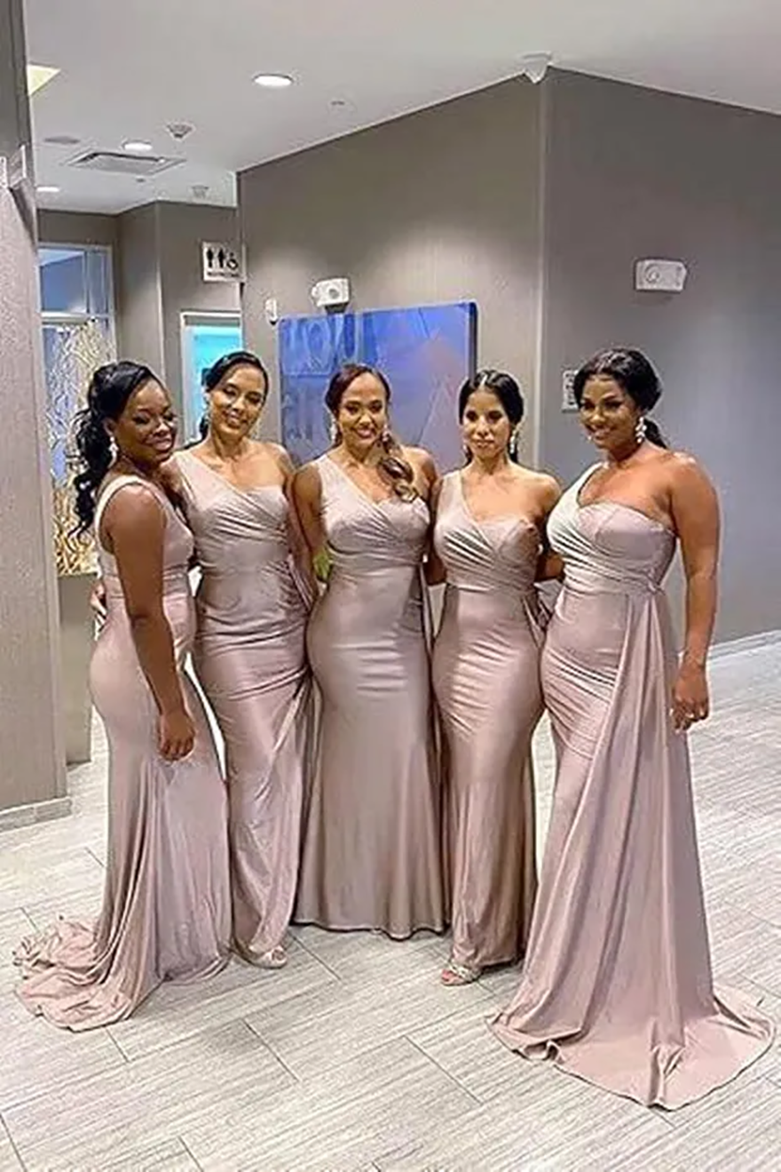 Emerald Green Satin Mermaid Bridesmaid Dresses Elegant One Shoulder Ruched Floor Length Maid Of Honor Gowns Formal Dresses BM17