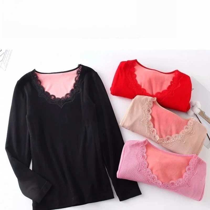 2025 Lace Bottoming Shirt for Women Winter Fleece Body Tights Solid Color Vneck Pullover Basic Thermos Thick Longsleeved Tops T251018