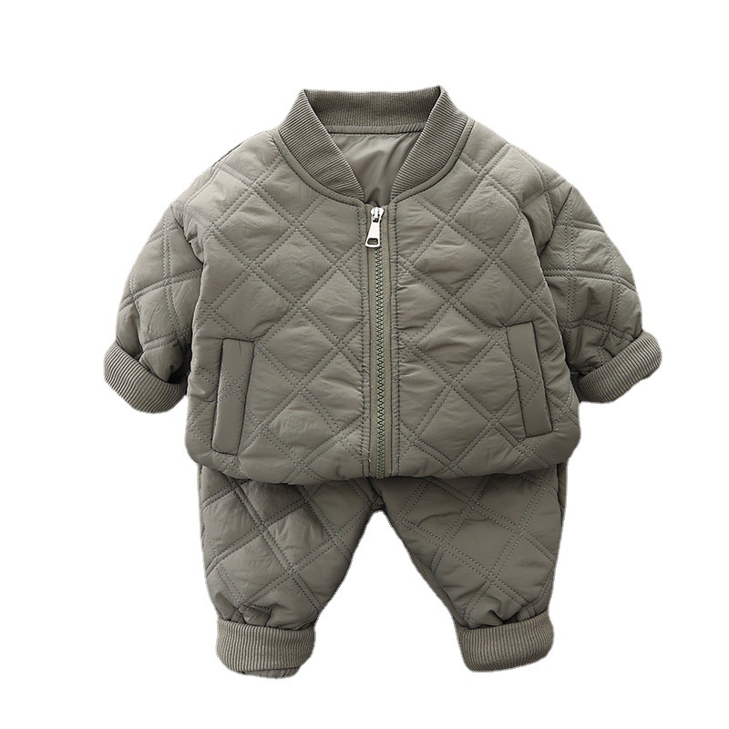 Boys' Plush Set Winter Thickened 2025 Winter Edition Children's Baby Checkered Zipper Cotton Jacket Two Piece Set Autumn Winter free shippin
