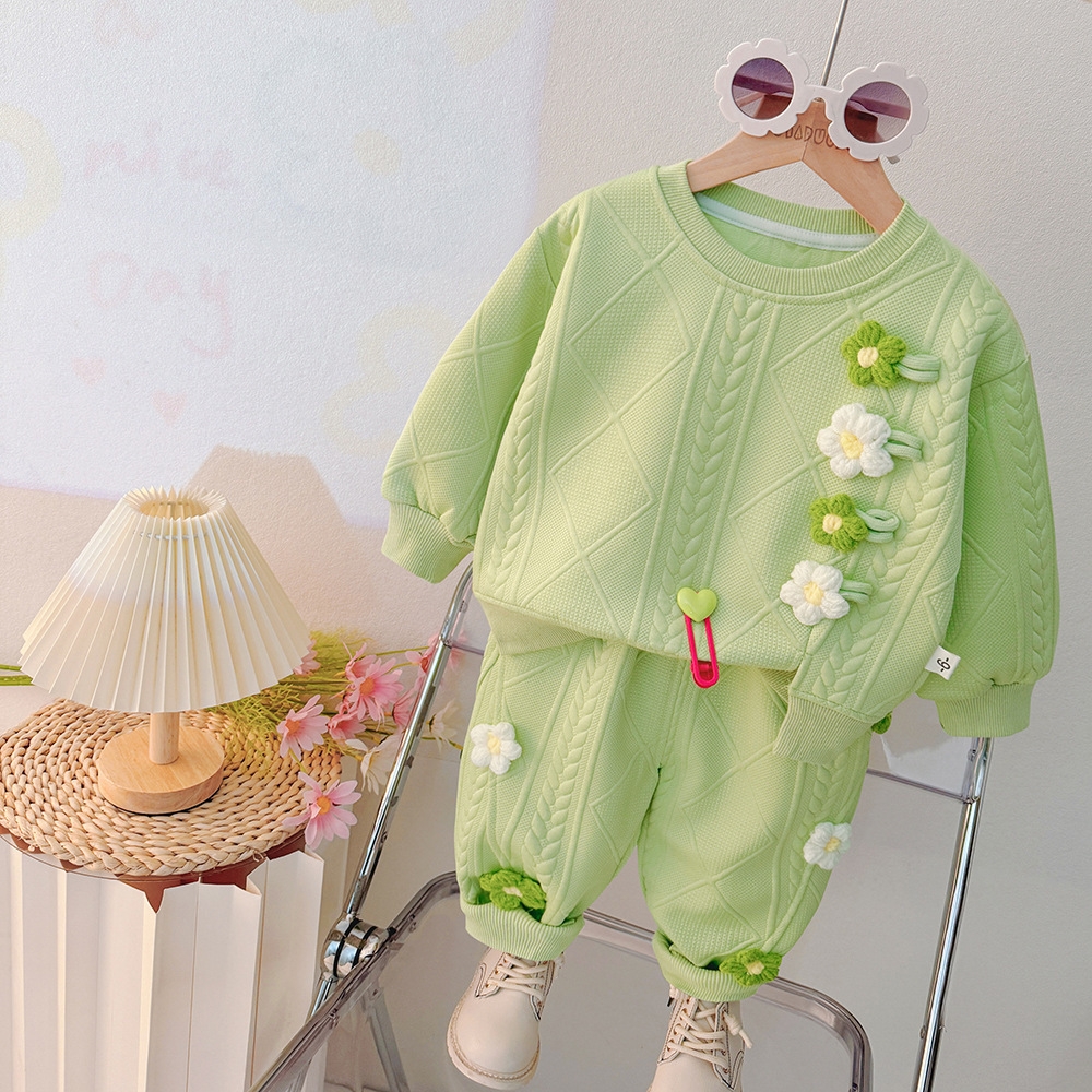 Girls' Spring and Autumn Collection 2025 New Style Girls' Two Color Little Flower Baby Spring Two Piece Children's Clothing Set