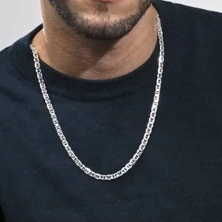 BSC78 Solid 925 Sterling Silver Italian 26mm 5mm Flat Mariner Chain Necklace for Men Women with Lobster Clasp Made in Italy