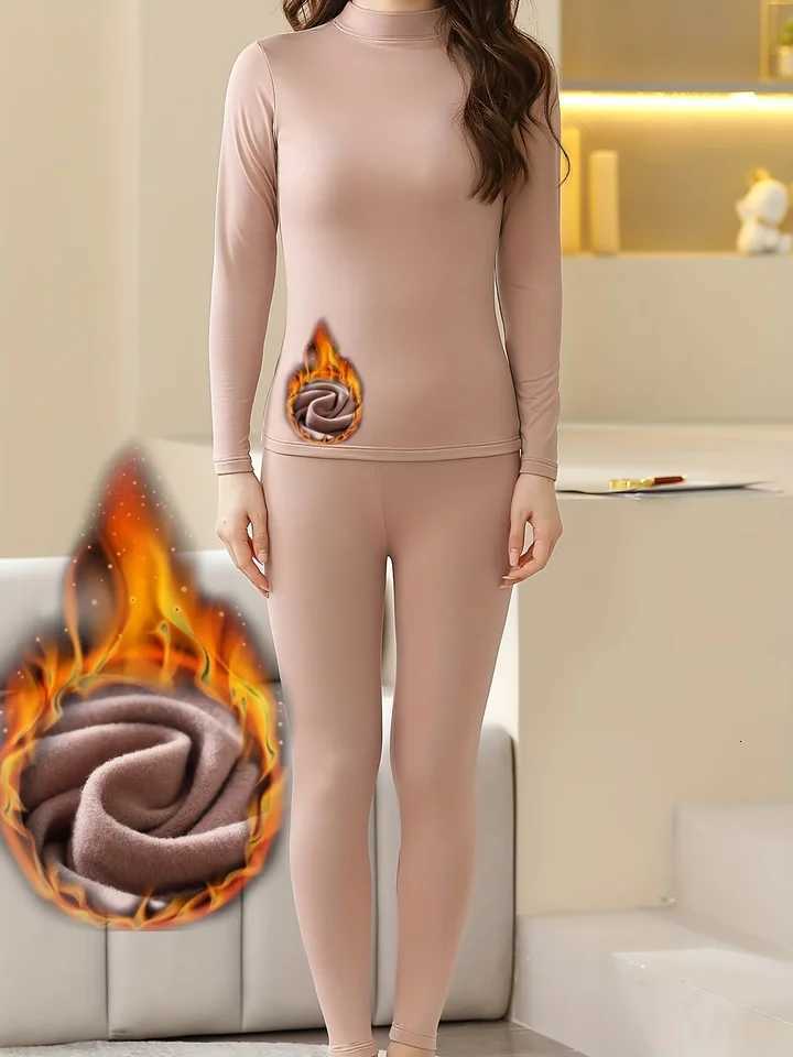 Solid Color Thermal Underwear Set for Women Featuring a Sexy HighNeck LongSleeve Top And Thickened Fleece Long Pants Perfect T251018