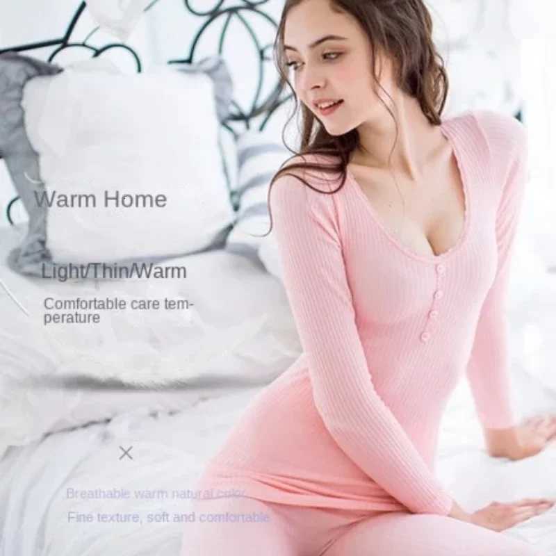 Autumn and Winter Warm Underwear Women Suit Daily Shapewear Round Neck Thickened Cold Antistatic Bottom Shirt Button Long Johns T251018