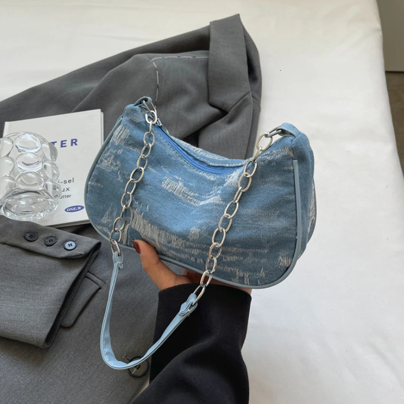 Retro Design Womens Chain Shoulder Bag Soft Denim Female Underarm Bag Handbags Fashion Ladies Small Square Tote Purse Bags R251018