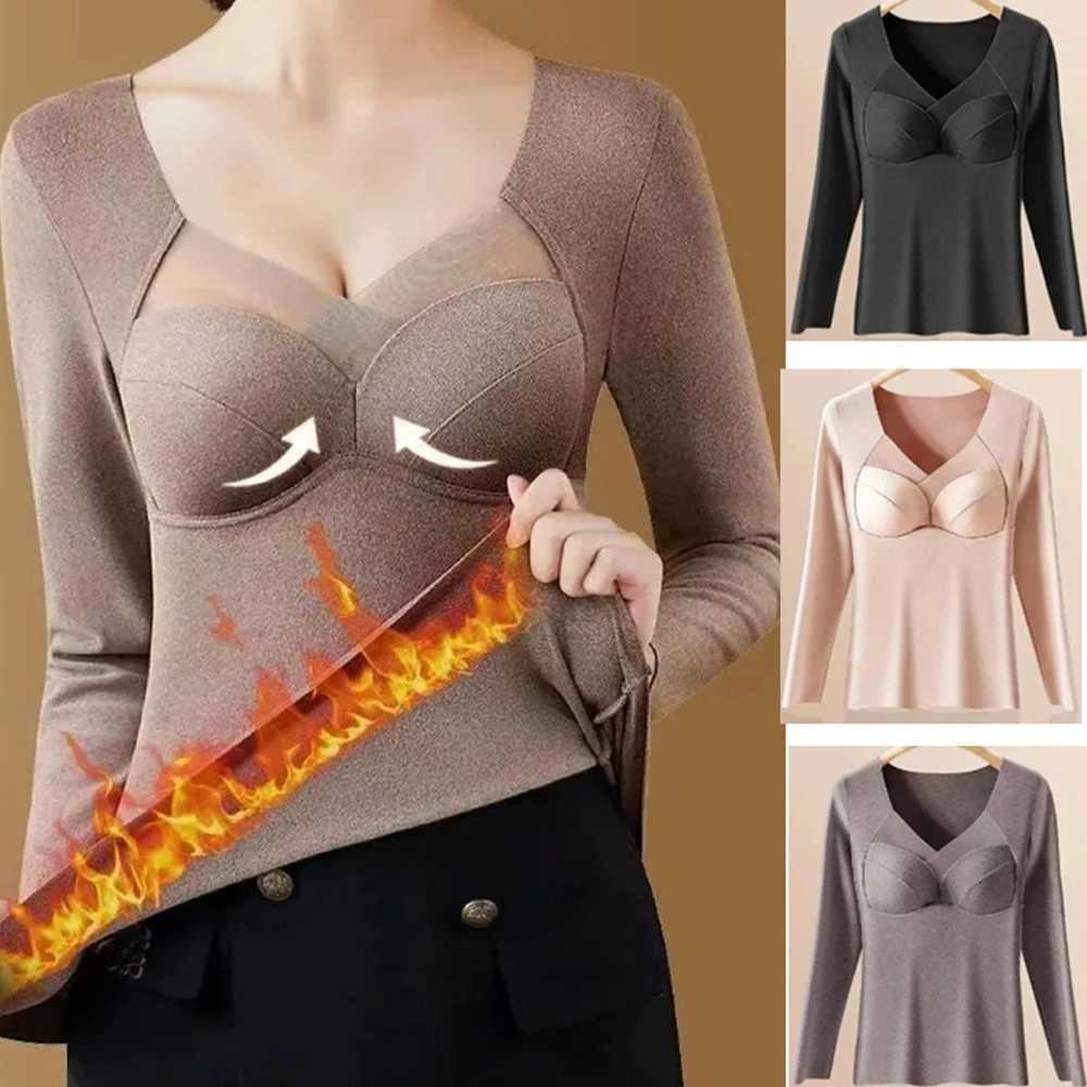 Women Thermal Underwear Plus Size Fixed Cup Autumn Winter Stretchy Longsleeved Vneck Padded Tshirt Thick Top Female Lingerie T251018