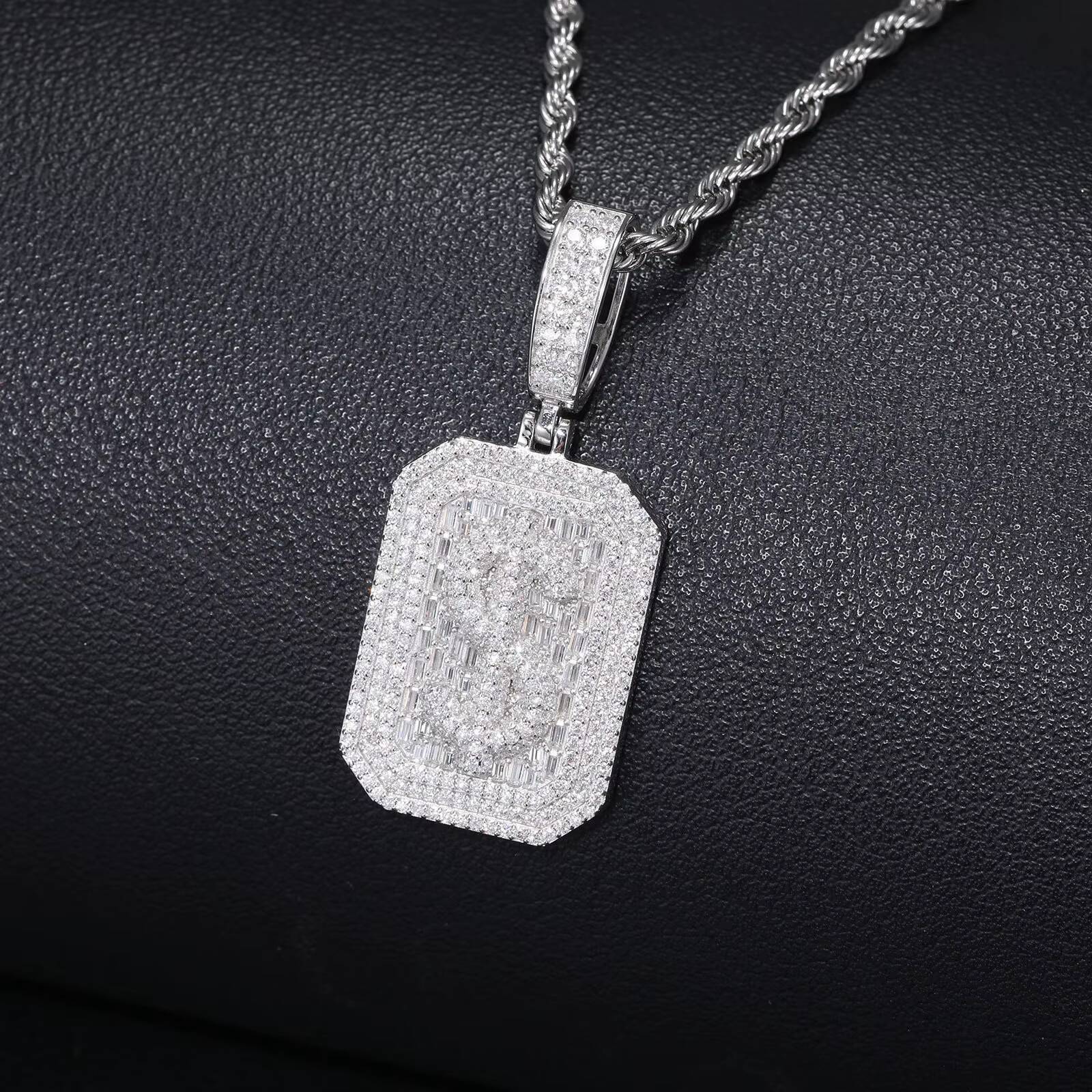 New Arrival 925 Sterling Silver Moissanite Dog Tag Pendant Necklace Iced Out Baguette Dollar Sign Hip Hop Jewelry for Men