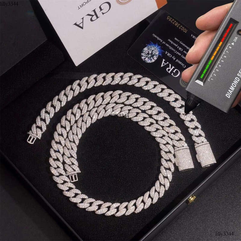 Hot Sale Moon Shape Hip Hop Jewelry Iced Out 12mm Sliver Lab Dia Moissanite Cuban Link Chain