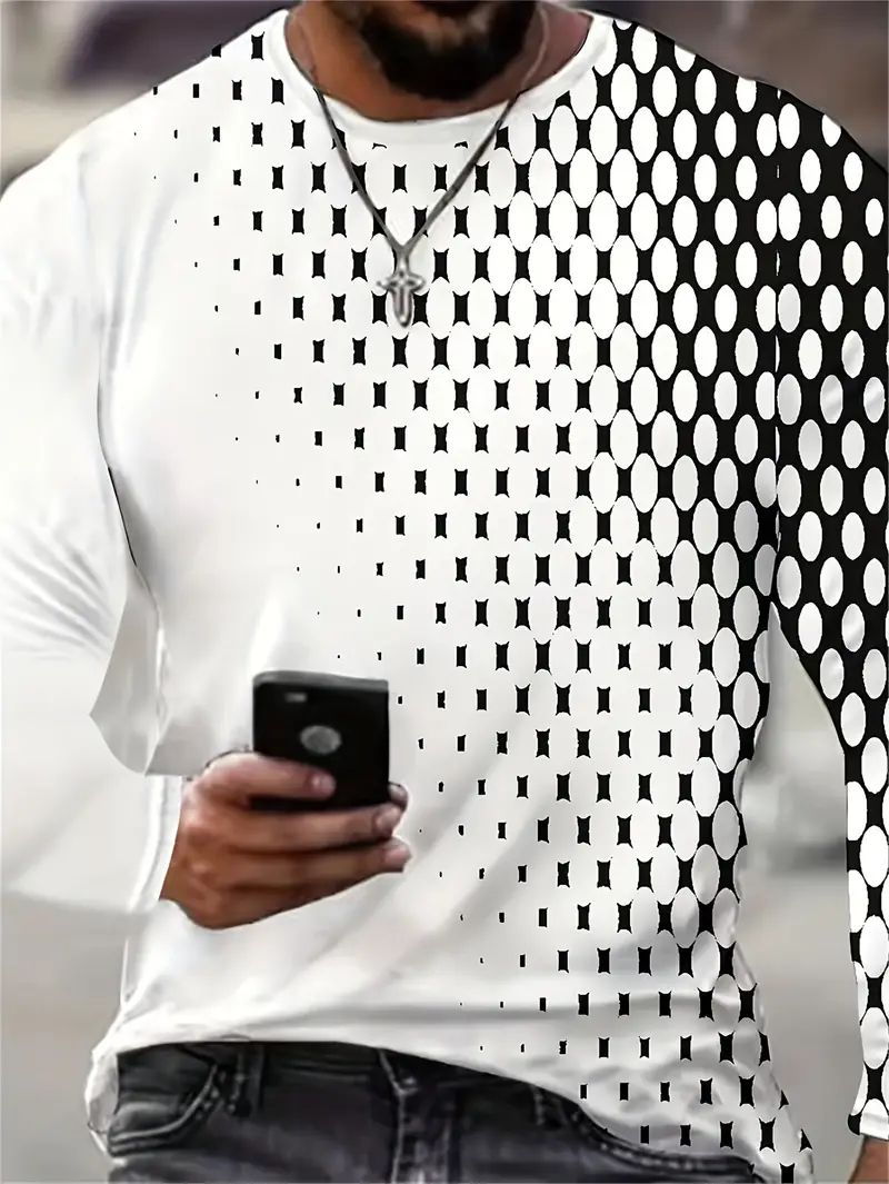 Men's Geometric Gradient Print Long Sleeve Tee - Casual Streetwear Top 2-4-2
