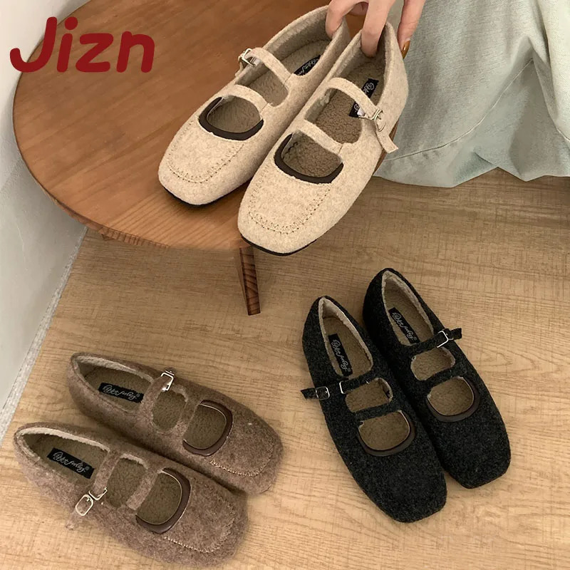 Fashion Square Toe Flats Fur Shoes For Ladies Furry Female Buckle Strap Footwear Women Mary Janes Flats With Plush Shoes 251013