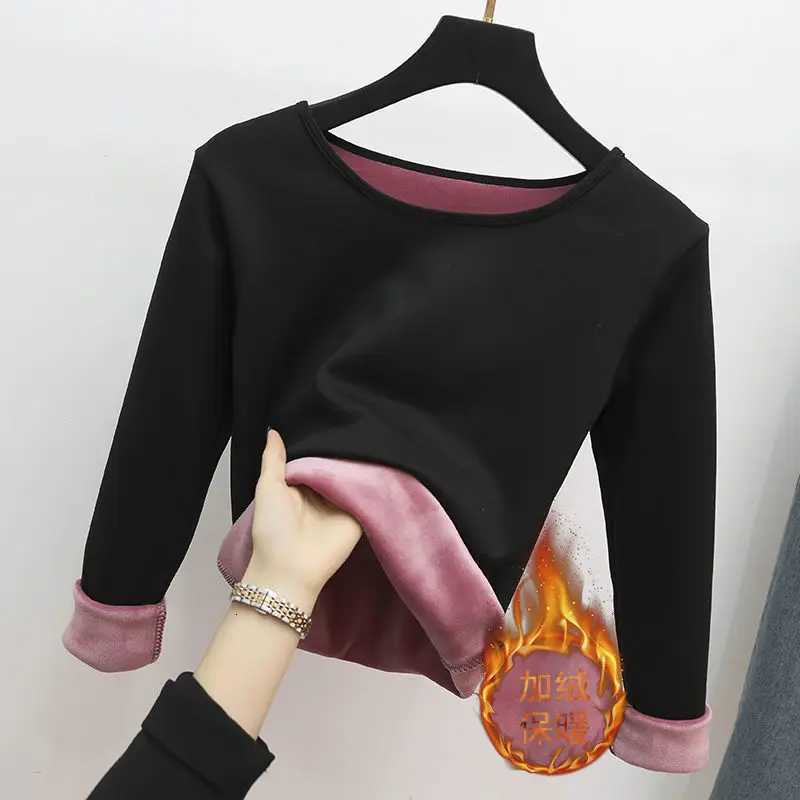 Winter Warm Round Neck TShirt Thick Fleece Thermal Underwear Long Sleeve Basic Solid Warm Autumn Bottomed Blouse T251018