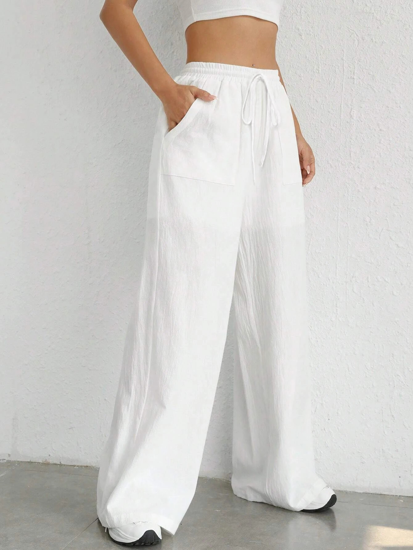 Womens Solid Color Wide Leg Pants Casual Comfy Trousers for Daily Wear Ladies Bottom 251017