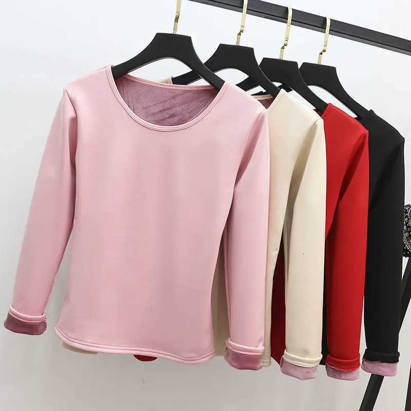Winter Warm Round Neck TShirt Thick Fleece Thermal Underwear Long Sleeve Basic Solid Warm Autumn Bottomed Blouse T251018