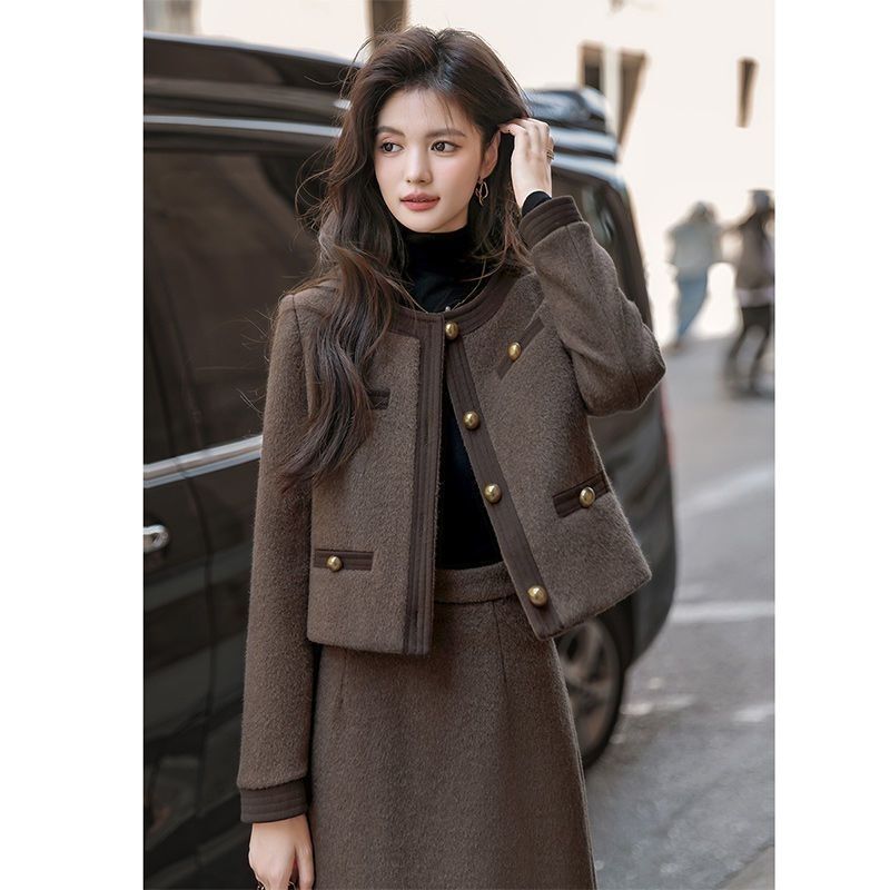 2025 Autumn/Winter New Top Korean Fashion design Single breasted Wool Short Luxury Coat Two piece Set Women's Designer Jacket Medium Skirt