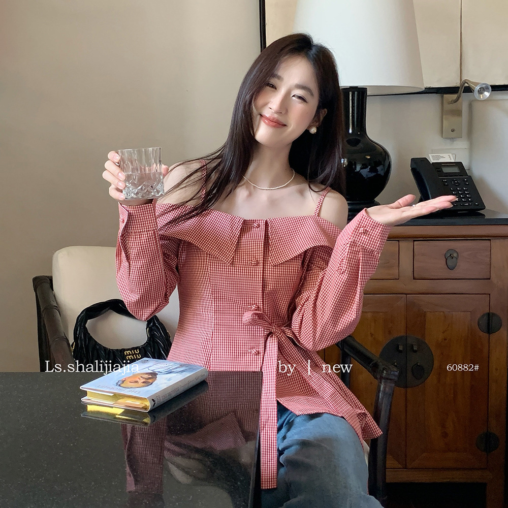 LS Classic Plaid Slim Fit OffShoulder Long Sleeve WaistCinching Shirt 2025 Spring New Womens Fashion CJ191130Z