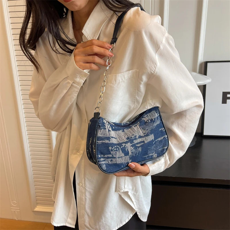 Retro Design Womens Chain Shoulder Bag Soft Denim Female Underarm Bag Handbags Fashion Ladies Small Square Tote Purse Bags R251018