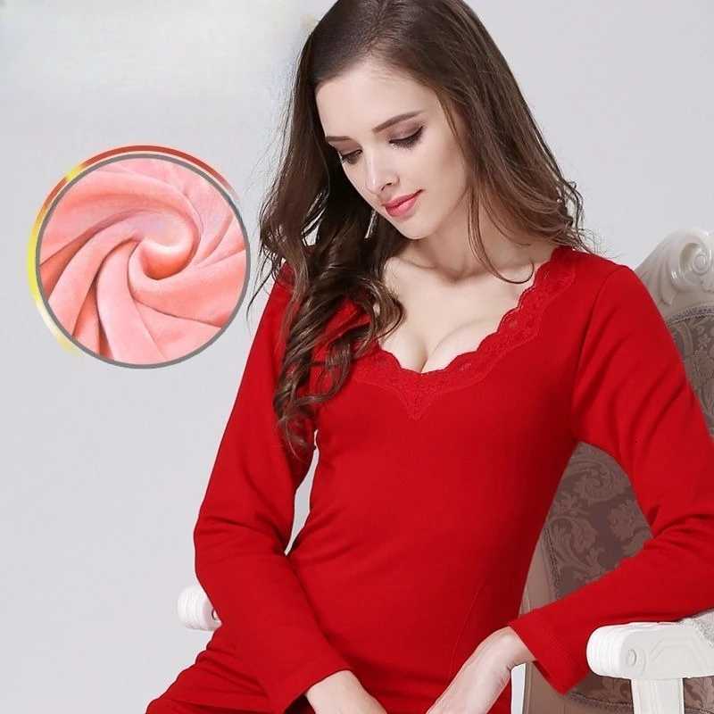 2025 Lace Bottoming Shirt for Women Winter Fleece Body Tights Solid Color Vneck Pullover Basic Thermos Thick Longsleeved Tops T251018