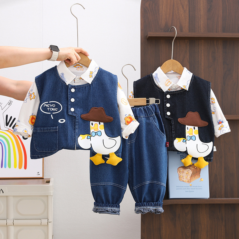 Boys' autumn fashion western-style set, children's 2025 new spring and autumn style cartoon duck cowboy vest three piece set, boys' bab