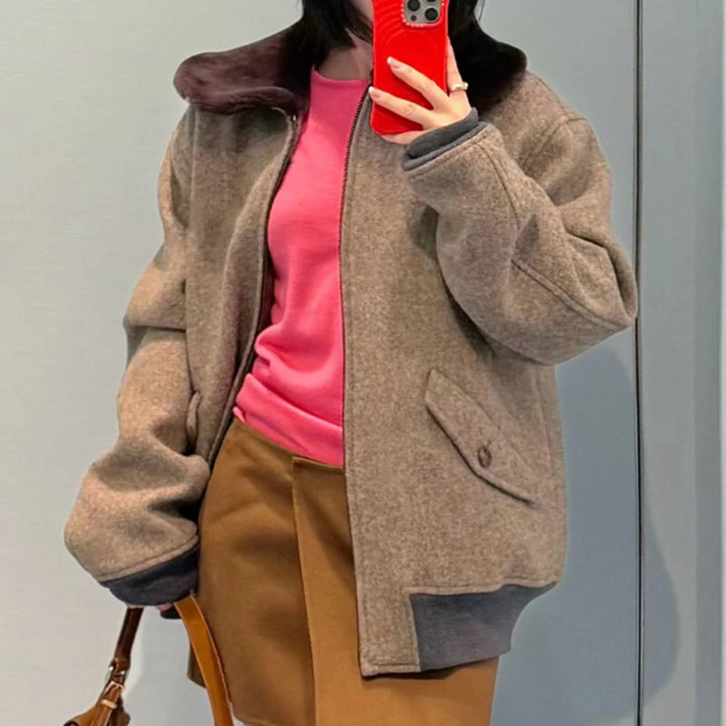 Luxury Designer Women's Shearling Cotton Blend Zip Up Coat Chic Wool Notch Collar Long Sleeve Loose Jacket Winter Warm Letter Embroidery Two Pock