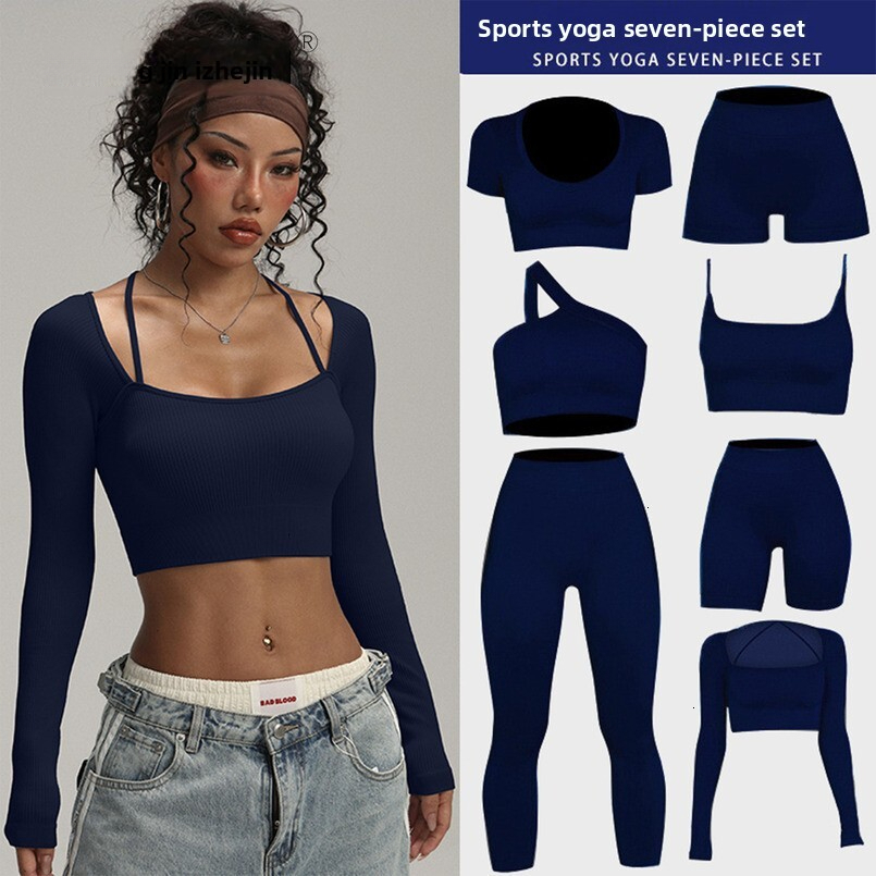 Ribbed Sleeve Sports Set Vest Integrated Yoga Women's Fitness Long Pants