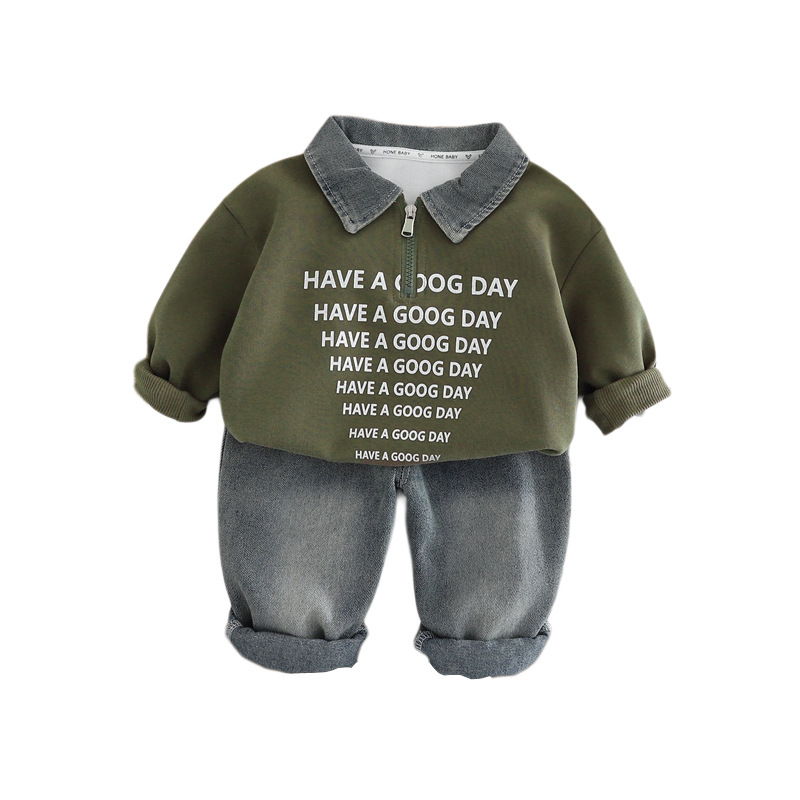 Boys' autumn outfit set with half zipper denim collar, baby polo, baby and children's two-piece set, new stylish spring and autumn hoodie