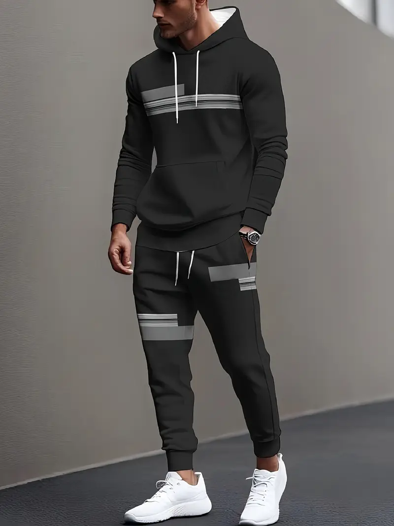 Men's Stripe Print Two Piece Cotton Tracksuit - Comfortable Hooded Jacket & Pants Set 2-3-2