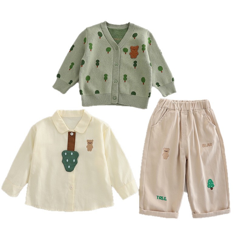 Boys' Spring and Autumn Set, Elegant 2025 New Style, Children's Leisure Autumn Set, Baby Full Body Small Tree Cardigan Three Piece Set free 