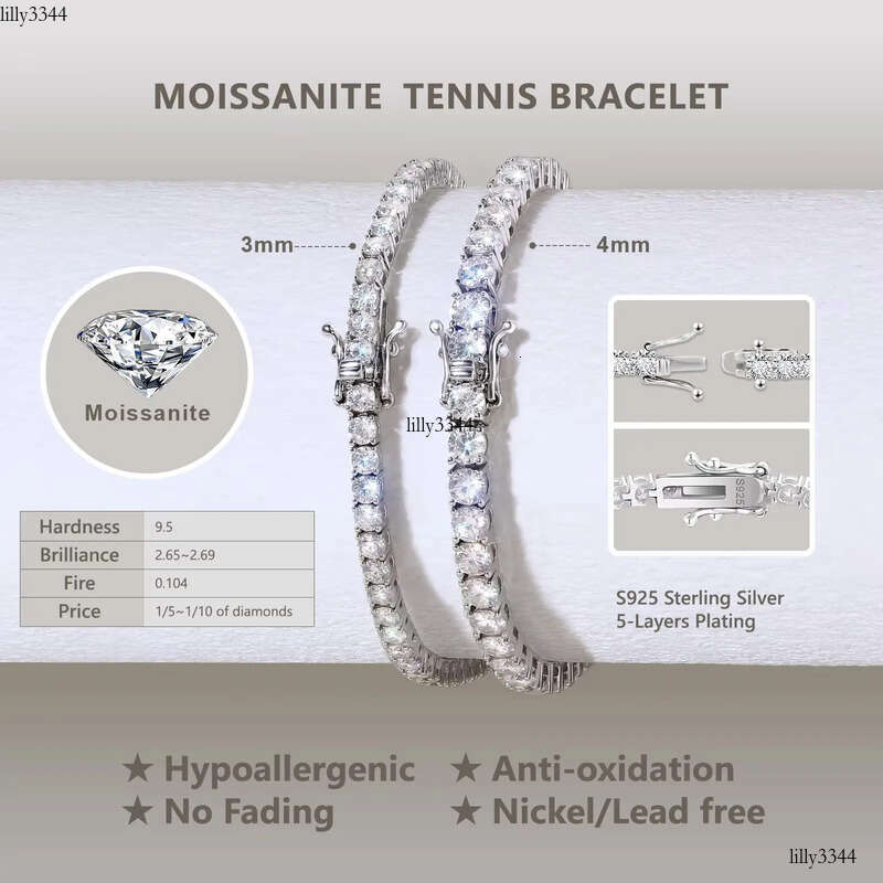 Moissanite Jewelry Women Men 2/3/4/5mm D Color VVS1 Round Cut Dia 14k White Gold Plated Sterling Sier Tennis Bracelet