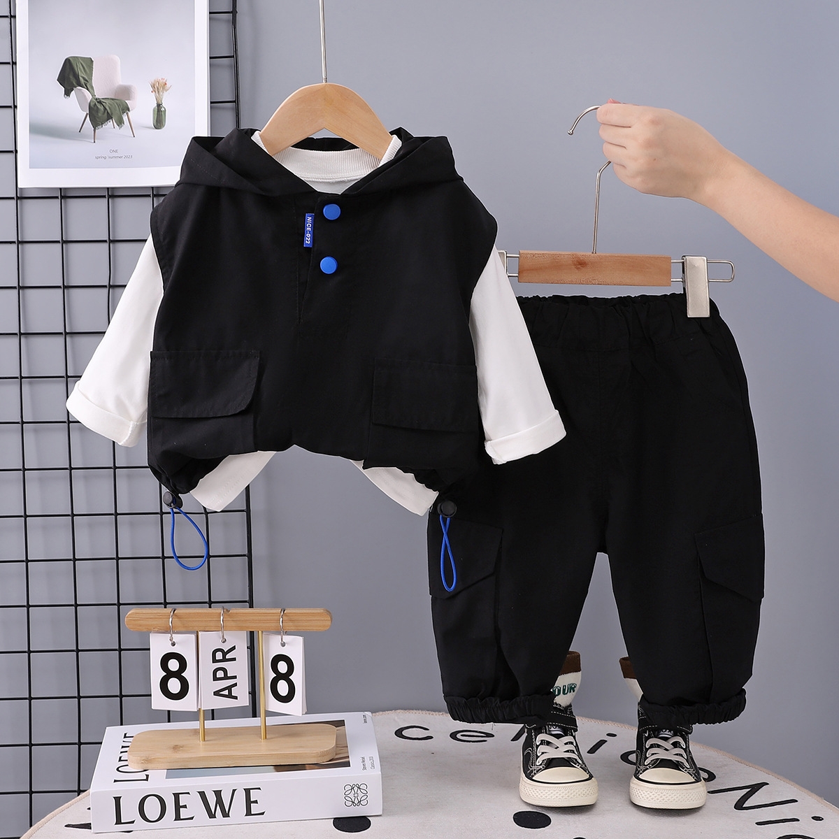 Boys' set Spring and Autumn 2025 new children's clothing hooded workwear vest autumn trendy children's clothing baby three piece set fr