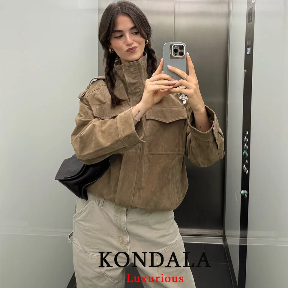 KONDALA Chic Suede Women Bomber Jacket Women Long Sleeve Pockets Straight Loose Coat Fashion 2025 Fall Winter Streetwear Outwear 251010