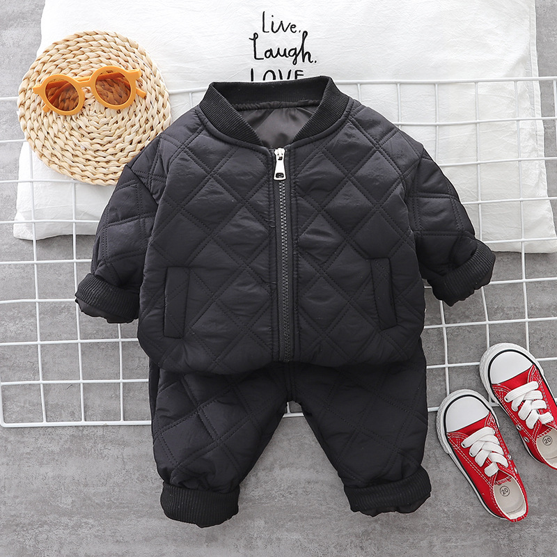 Boys' Plush Set Winter Thickened 2025 Winter Edition Children's Baby Checkered Zipper Cotton Jacket Two Piece Set Autumn Winter free shippin