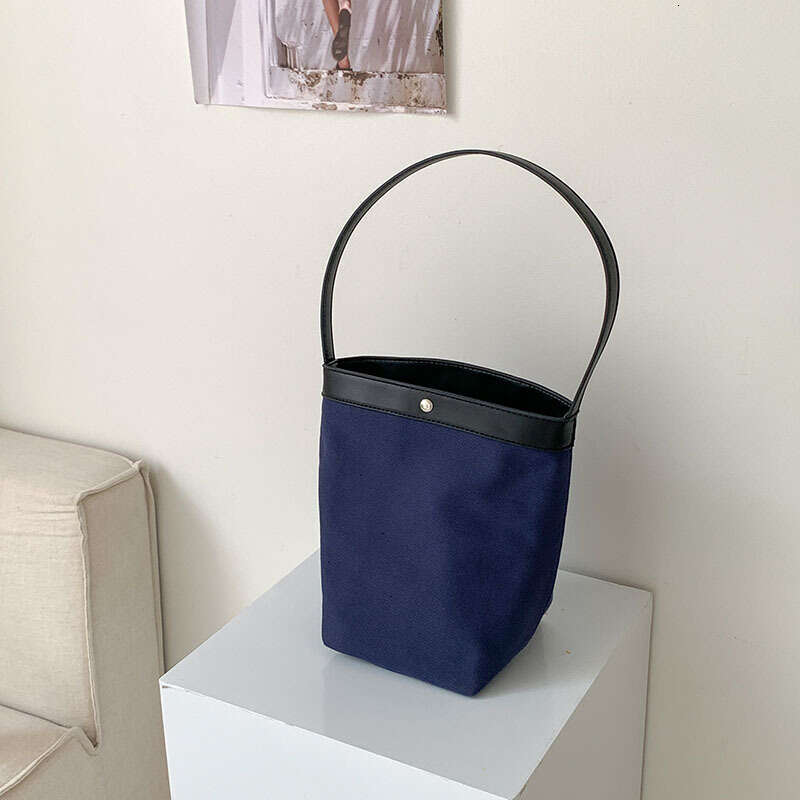 Korean Niche Summer Color-Block Bucket Large Capacity Canvas Commuter Light Luxury Style Shoulder Bag B5