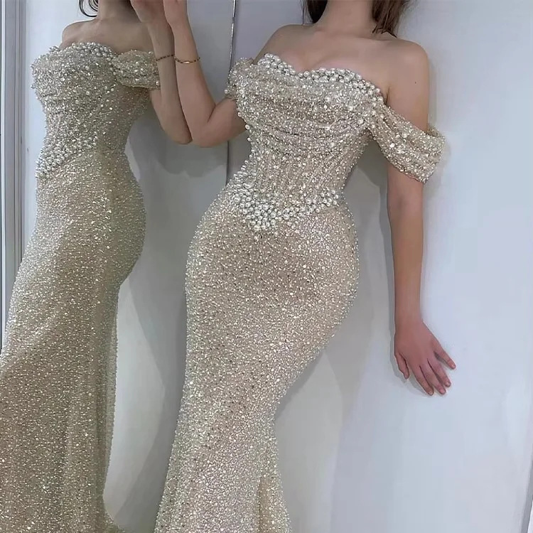 Sparkly Mermaid Prom Dress Off the Shoulder Sweetheart Pearls Sleeveless Long Glitter Formal Party Gown for Women 241220