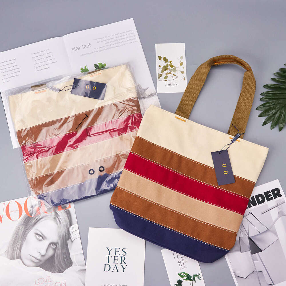 New Striped Color Block Embroidered Canvas Bag B5