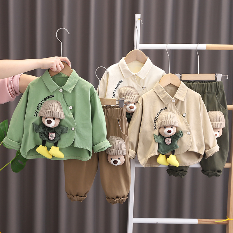 Baby trendy spring outfit set 2025 new children's doll bear shirt two-piece set for boys' spring and autumn long sleeves