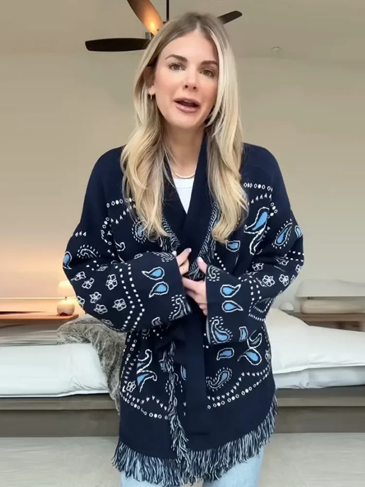 Fashion Printed Tassle Short Cardigan Women Solid Full Sleeve Button Up Loose Sweater Autumn Chic Female Daily Casual Coat 251016