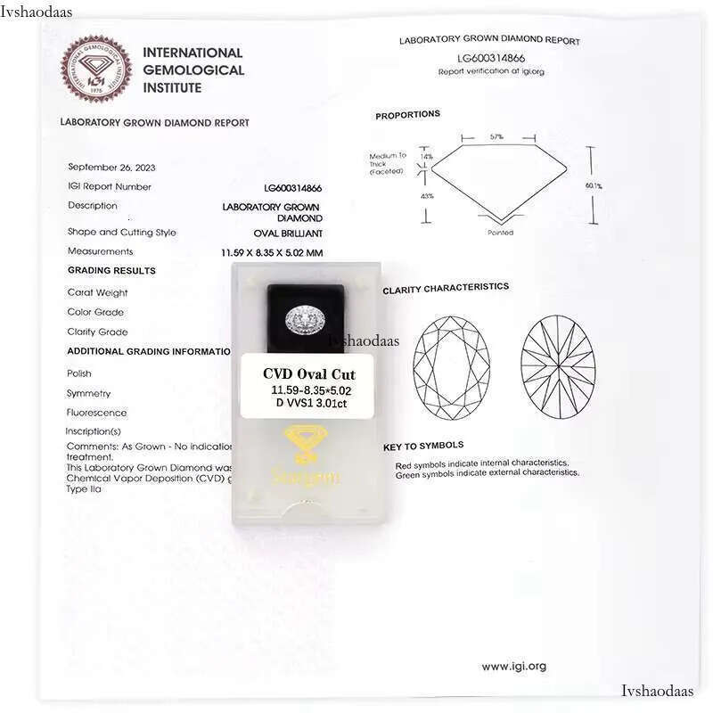 Loose Dia IGI GIA Certificate 1ct 2ct 3ct Oval Cut HPHT CVD Lab Grown Dias