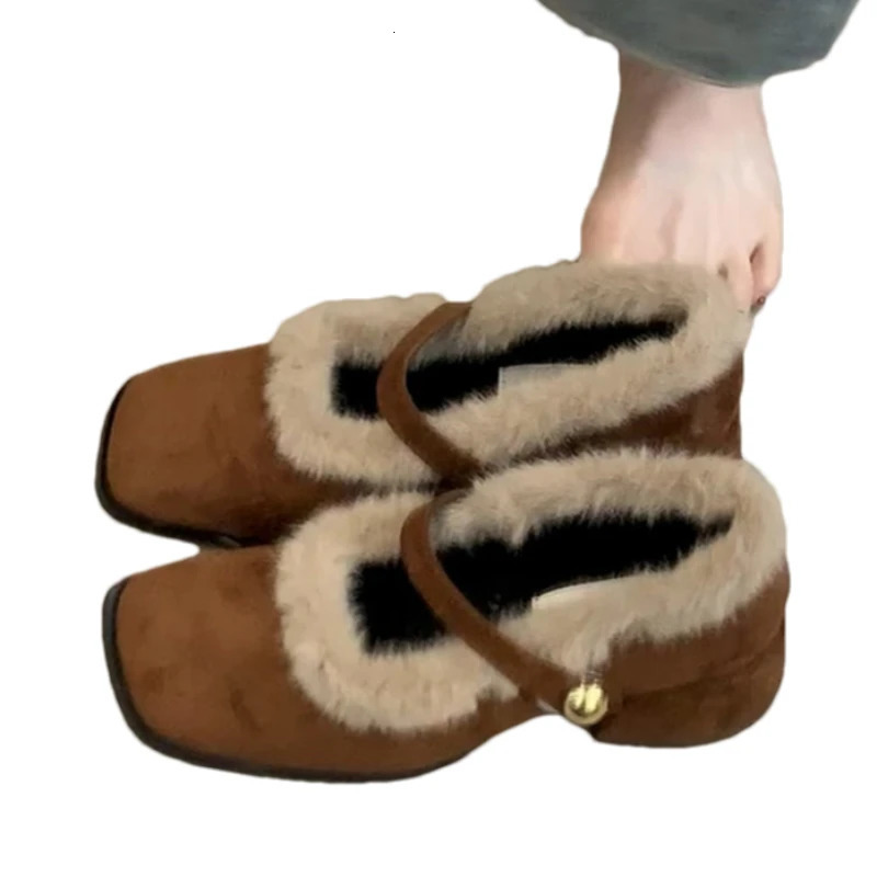 Furry Womens Mary Janes Shoes High Heels Square Toe Plush Snow Boots Winter Warm Cotton Shoes Elegant Pumps Mujer Zapatos 251013