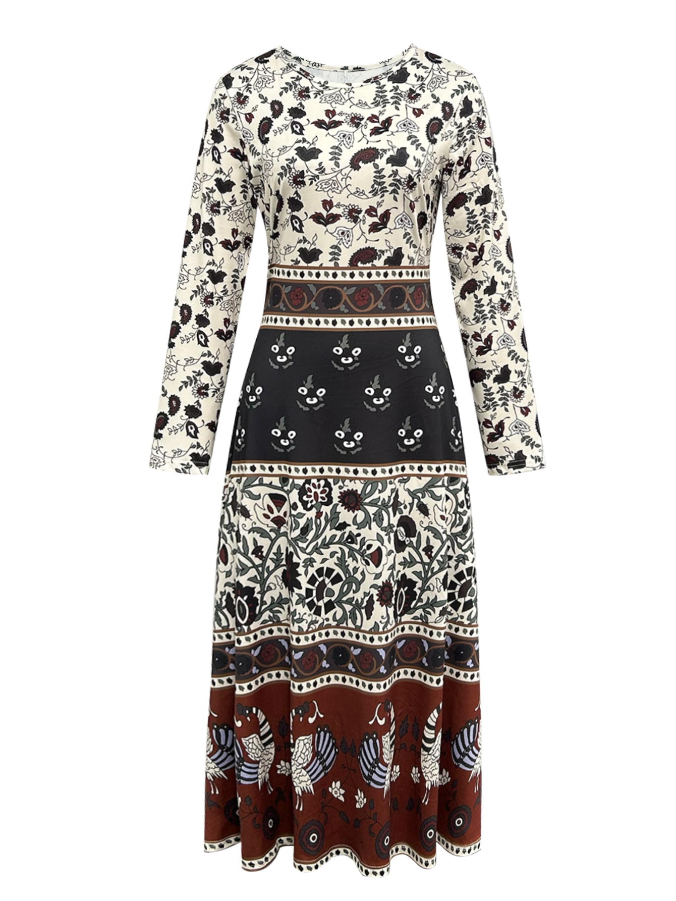 Women's Autumn Winter Retro Ethnic Floral Print Midi Dress - Versatile Casual Party Elegant Dress-CF56314