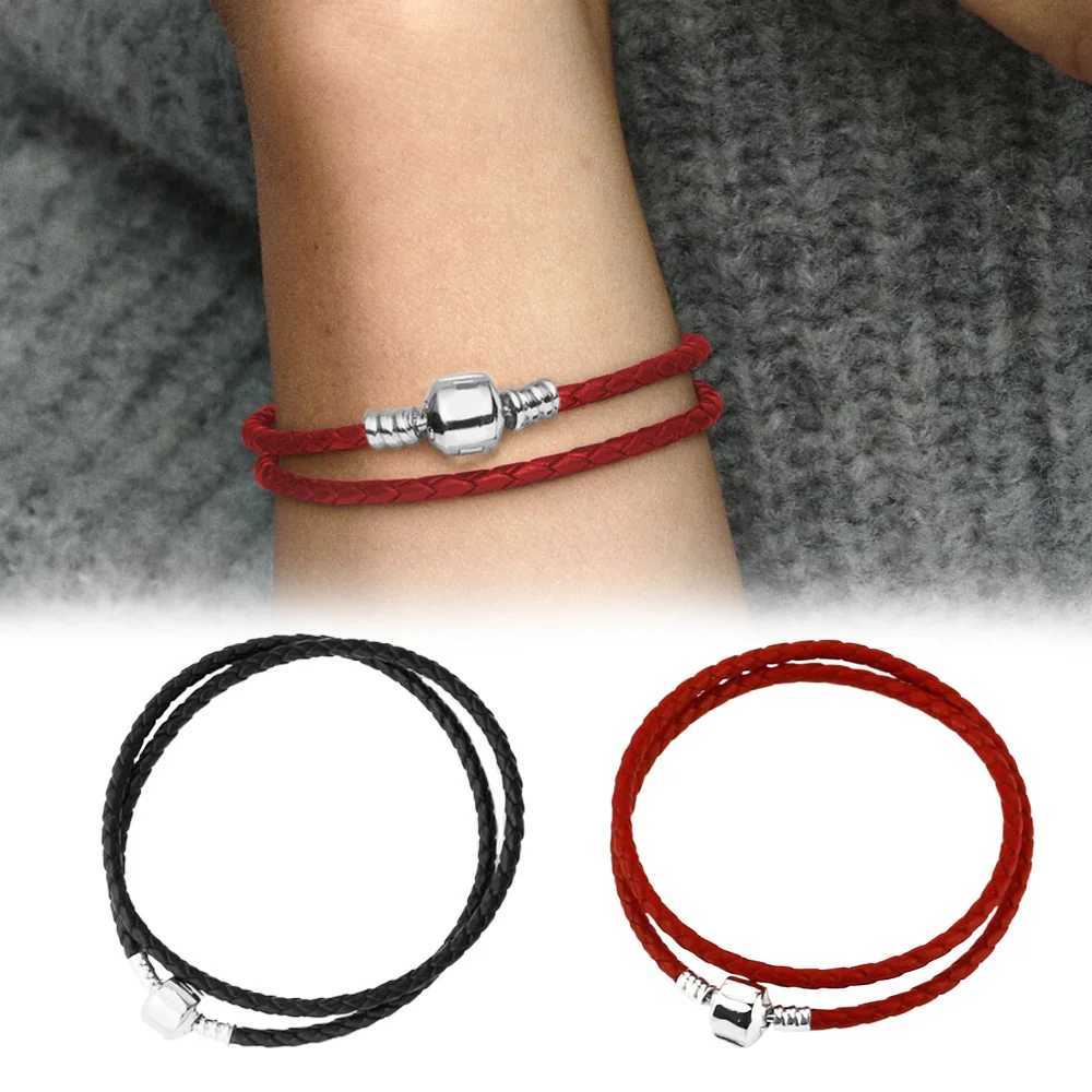 925 Sterling Silver Classic Double Black Leather Bracelets Fashion Jewelry Fit Birthday Gifts for WomenL251018 H260202