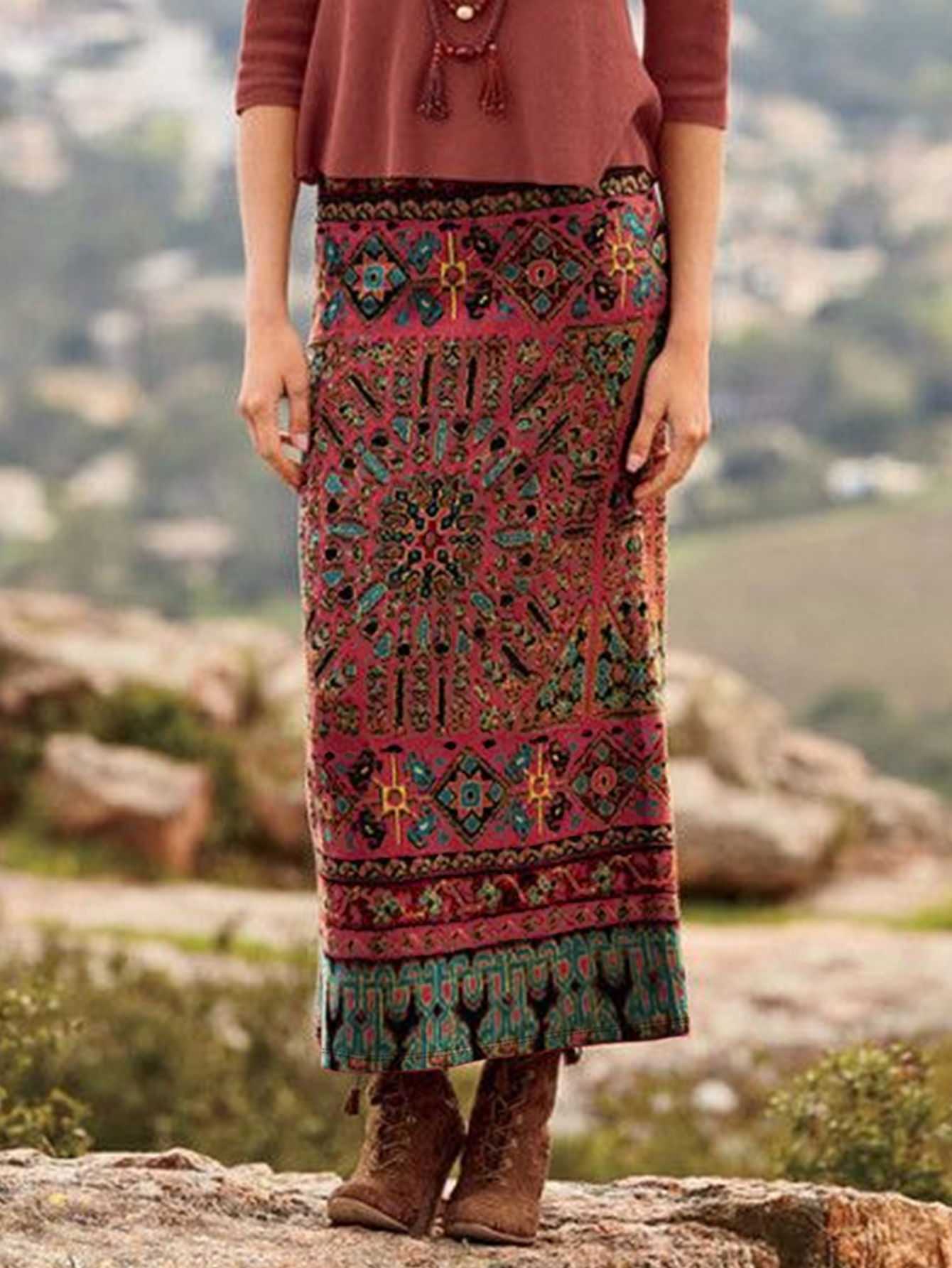 Ethnic Inspired Womens Plus Size Mid-Length Skirt Spring/Summer Collection in Warm Brick Red-CF41633