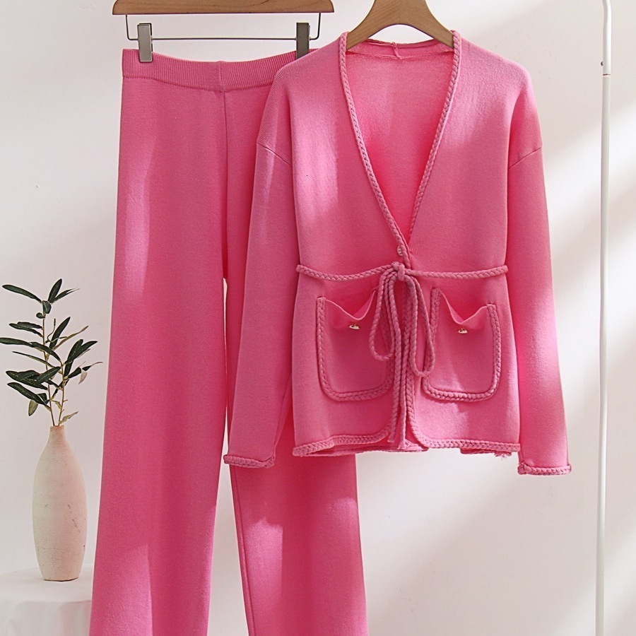 Womens Knits Tees Knit Women Cardigan Top Pink Lace Up Long Sleeve Weave Button Female Sweater Casual Office Ladies Elegant Tops Coats Spring 230628