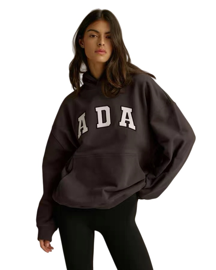 Ada Brown Embroidered Hoodies Cotton Sweatshirt for Women Round Neck Hooded Designer Sweaters
