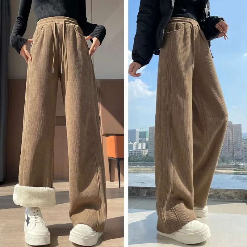 High Waist Warm Trousers Fashion Winter Fleece Thickened Womens Pants Solid Color Loose Elastic Straight Casual 251017