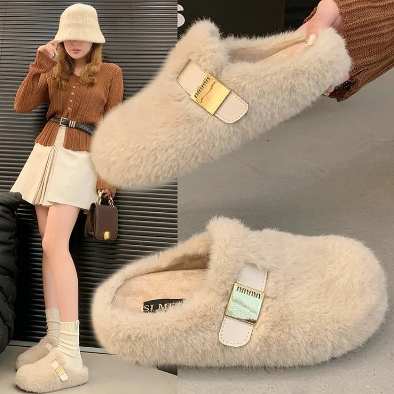 Winter Fluffy Fur Slippers Women Platform Slipon Female Footwear Loafers Fur Casual Slides Autumn Comfort Home Mueller Shoe 251013