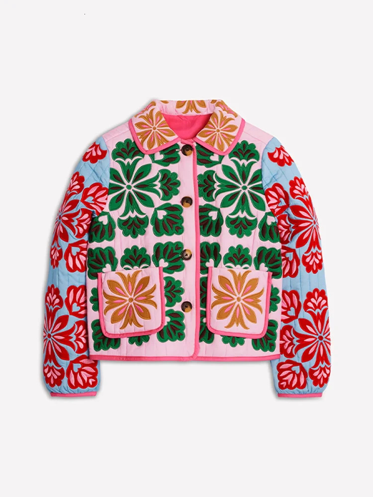 Womens Fashion Print Panelled Quilted Cotton Jacket Long Sleeve Pocket Cardigan Coat 2025 Autumn Winter Daily Casual Outerwear 251011