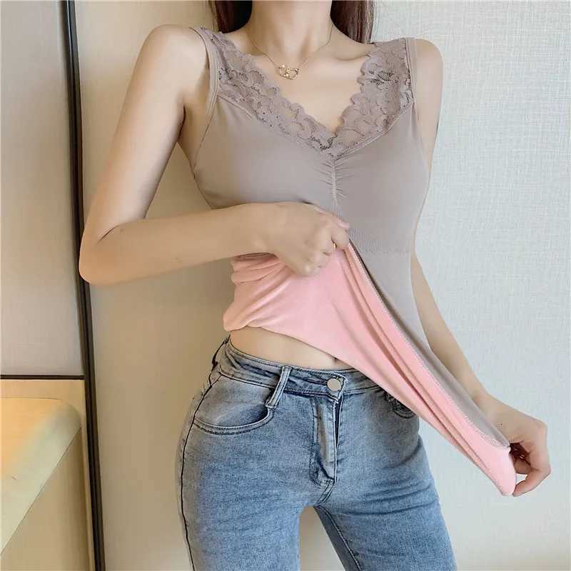 Autumn and Winter Seamless Sexy Lace Vneck Bottoming Sling Fleece Vest Women s Thermal Underwear with Chest T251018