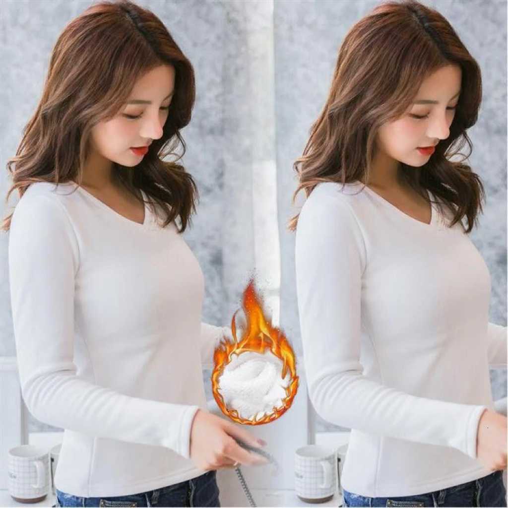 1pcs Women Autumn Winter Longsleeved Tshirt Lady Thermal Underwear Thick Velvet Slim Fit Fashion New Style Vneck Top T251018