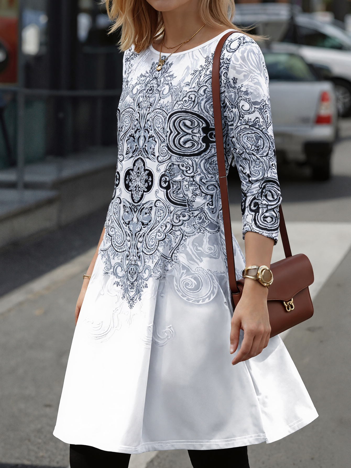 Women's Autumn Winter Botanical Print Midi Dress - Fashion Vacation Versatile Casual Dress-CF51238