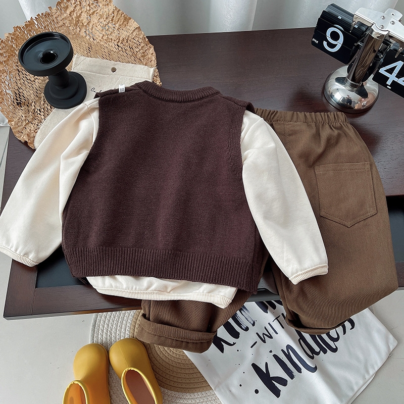 Boys' Spring and Autumn Set 2024 Children's Fashionable New Style Cool and Handsome Clothes for Little Boys Baby Tank Top cardigan 3-piece S